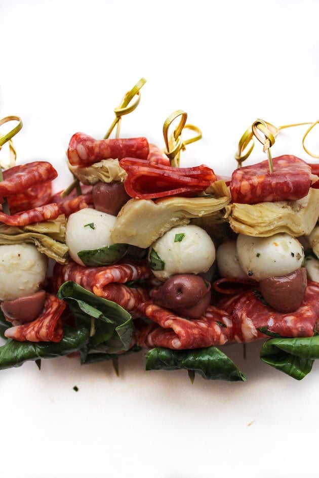 Antipasto Skewers with Marinated Mozzarella Balls from https://www.asaucykitchen.com/