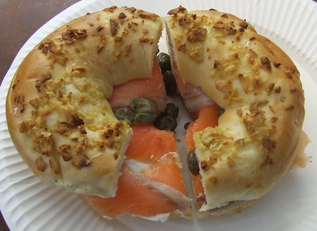 Smoked salmon, cream cheese and capers on garlic bagel, Glicks Bakery, Carlisle St, Balaclava, Melbourne, Australia 091207 from flickr}
