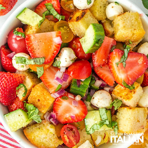 Strawberry Panzanella Salad from https://www.theslowroasteditalian.com/