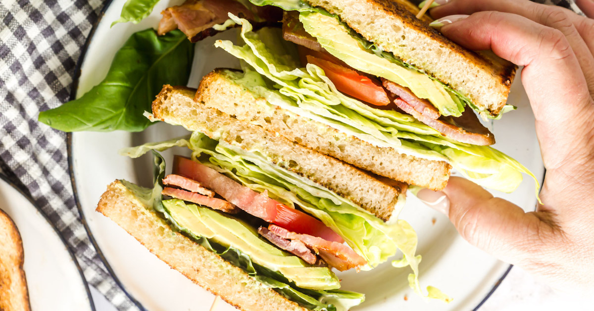 B.L.A.T. Sandwich (Bacon, Lettuce, Avocado, and Tomato) from https://lenaskitchenblog.com/