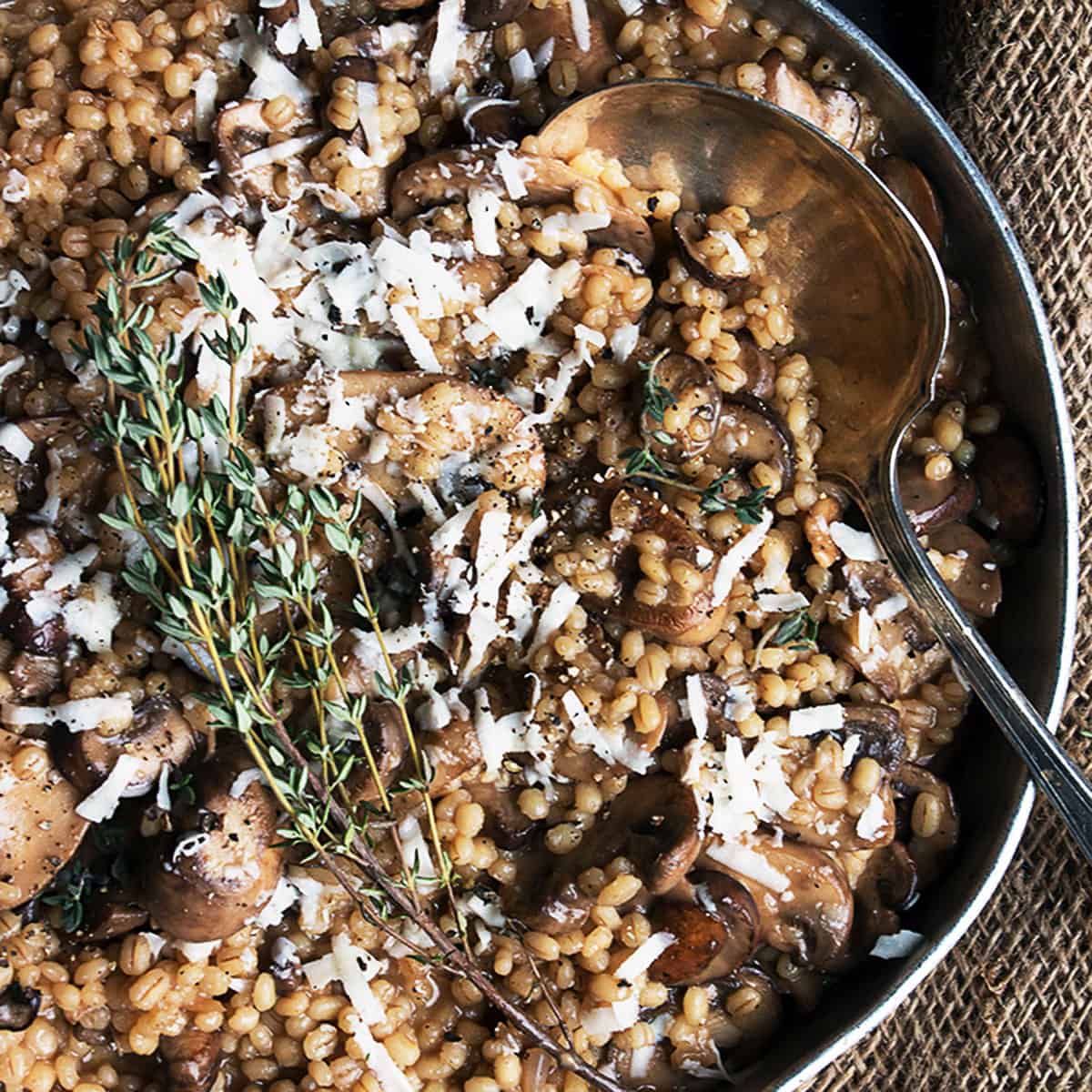 Barley Risotto with Mushrooms from https://www.seasonsandsuppers.ca/