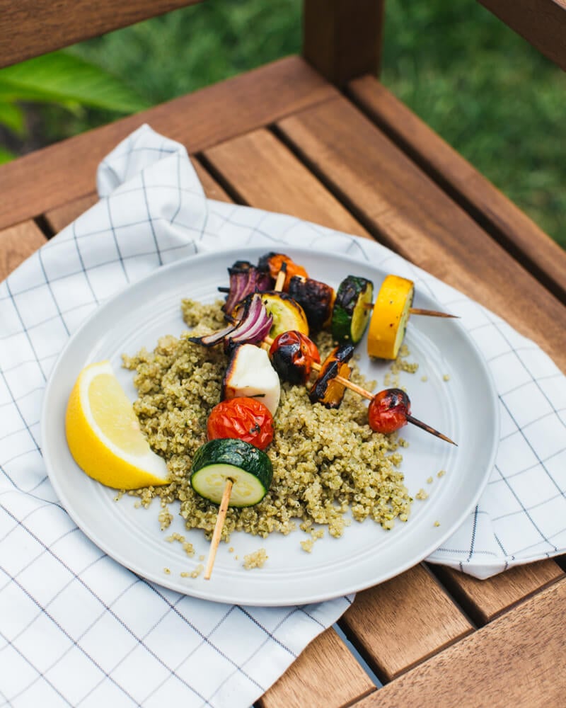 Greek Grilled Veggie Skewers with Pesto Quinoa from https://www.acouplecooks.com/