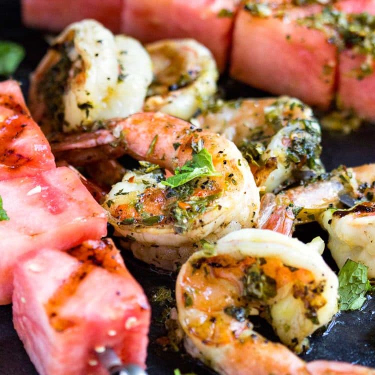 Grilled Watermelon and Shrimp Skewers from https://keviniscooking.com/