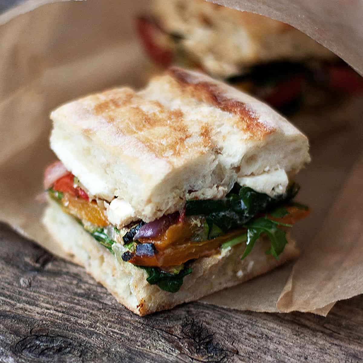 Pressed Roasted Vegetable Sandwich from https://www.seasonsandsuppers.ca/