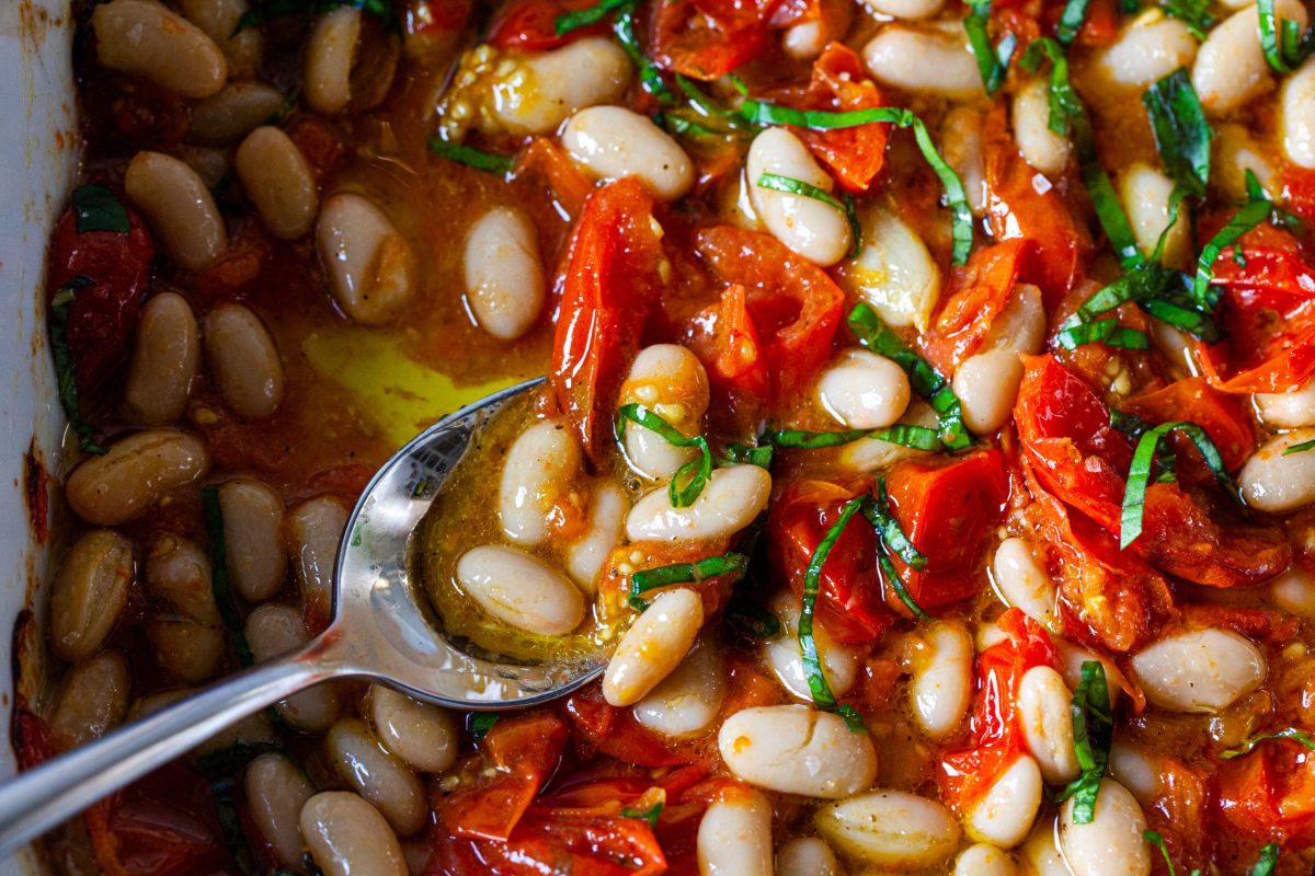 Roasted Tomatoes with White Beans and Basil from https://smittenkitchen.com/