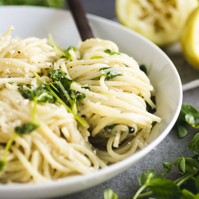 Simple Lemon Pasta with Parmesan and Pea Shoots from https://www.lifeasastrawberry.com/