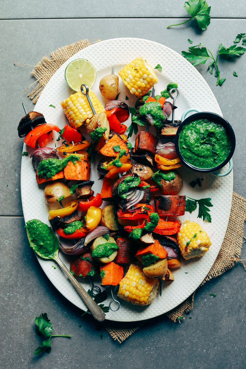 Veggie Skewers with Magic Green Sauce from https://minimalistbaker.com/
