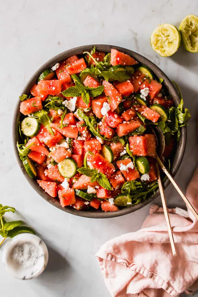 Watermelon Salad Recipe with Honey Lime Dressing from https://lenaskitchenblog.com/