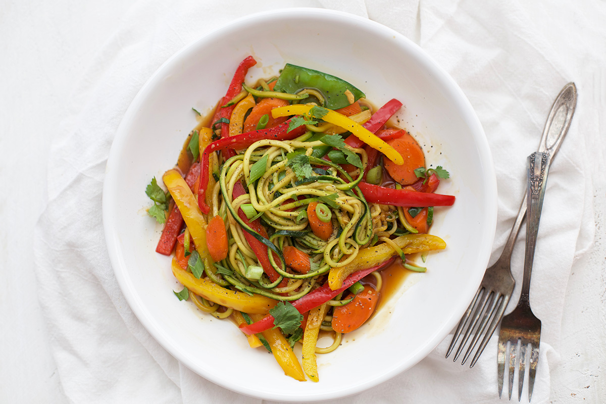 Zucchini Noodle Stir Fry with Black Pepper Sauce from https://www.onelovelylife.com/