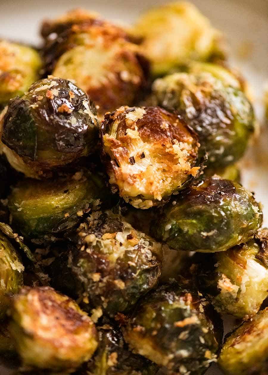 Amazing CRISPY Parmesan Garlic Roasted Brussels Sprouts from https://www.recipetineats.com/
