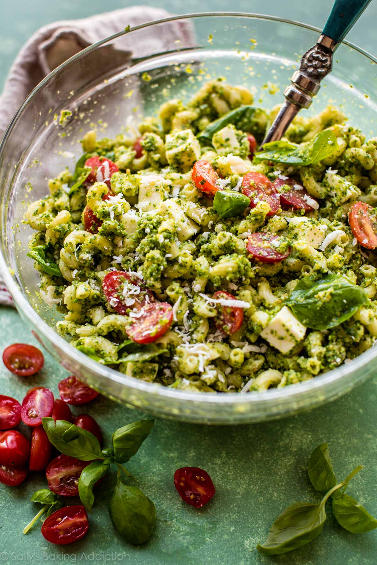 Kale Pesto Mozzarella Pasta Salad from https://sallysbakingaddiction.com/