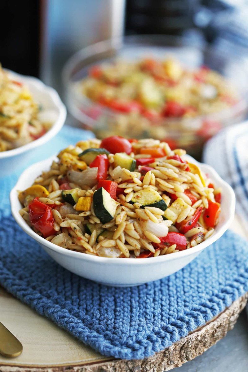 Roasted Vegetable Orzo Pasta Salad with Dijon-Balsamic Vinaigrette from https://www.yayforfood.com/