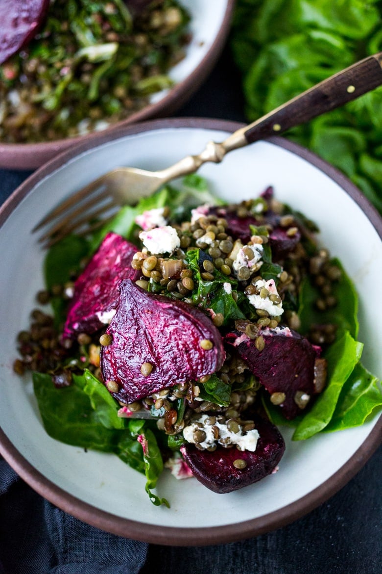 Warm Lentils with Wilted Chard, Roasted Beets and Goat Cheese from https://www.feastingathome.com/